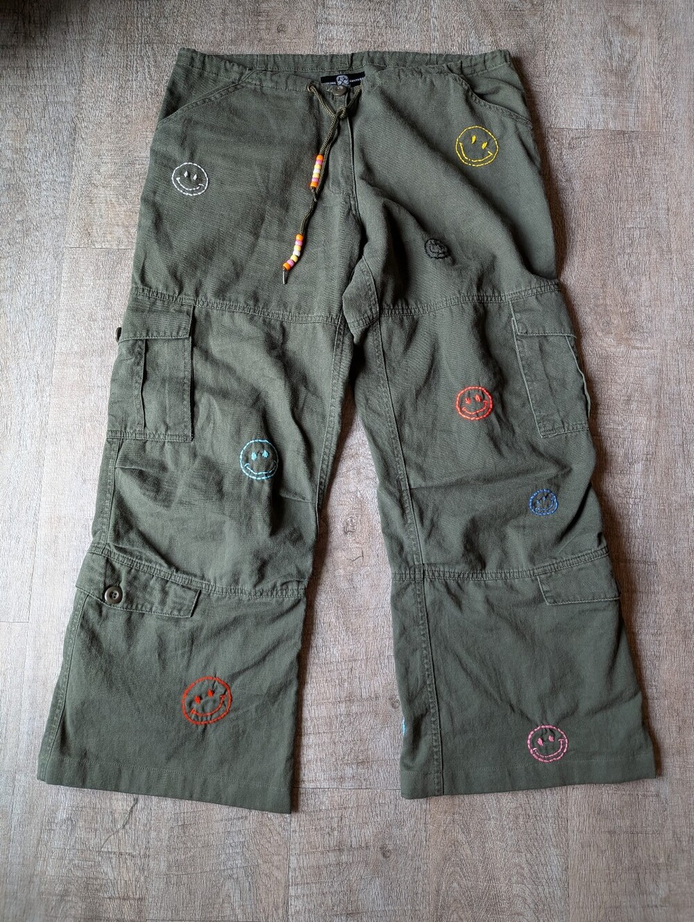 Hipchik Couture Smiley Hand Embroidered Army Green Cargo Pants - Size Small